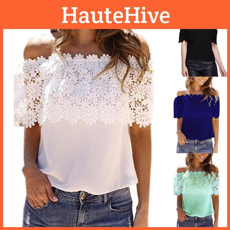 Elegantes Damen-Off-Shoulder-Kurzarm-Spitzen-Lochmuster-Freizeit-T-Shirt-Bluse für Sommerausflüge