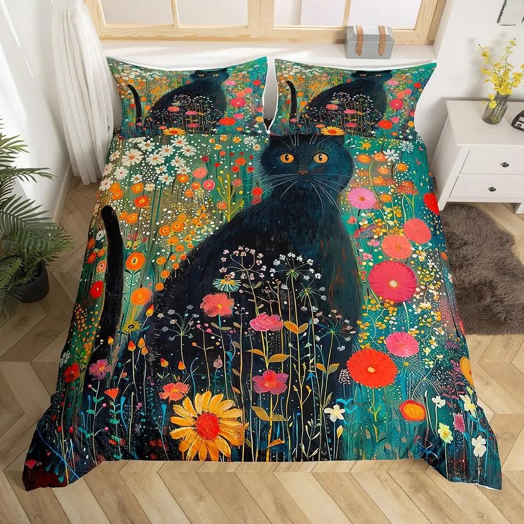 Cartoon Black Cat Duvet Cover Watercolor Flower Bedding Set Pet Animals Botanical Comforter Cover Romantic Rustic Quilt Cover