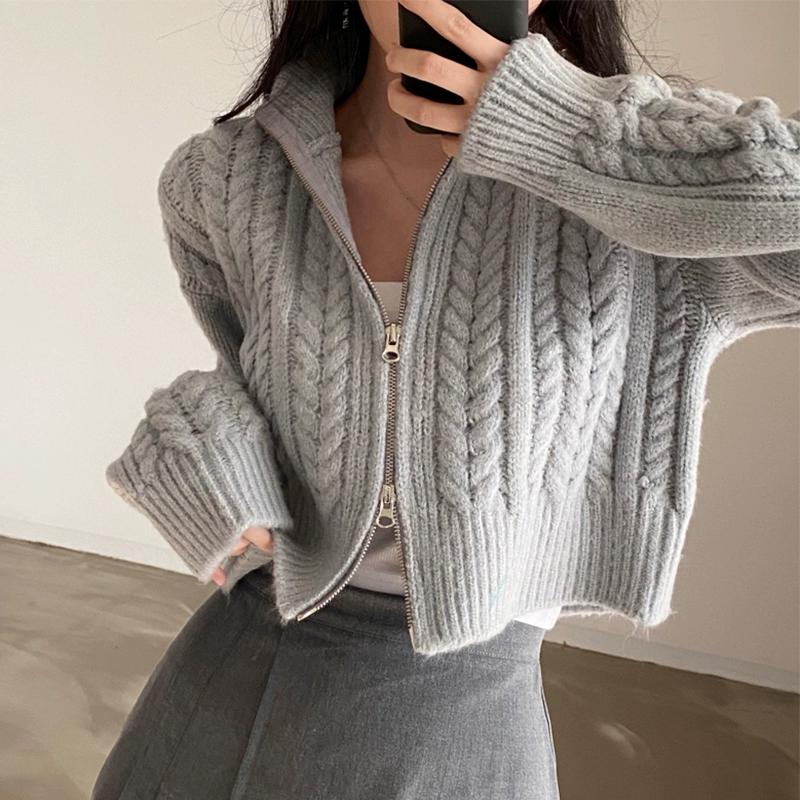 Long-sleeved  Cardigan Sweater for Women Autumn Winter Retro Loose Tops Stand-up Collar Knitwear Y2k Korean Style Clothing