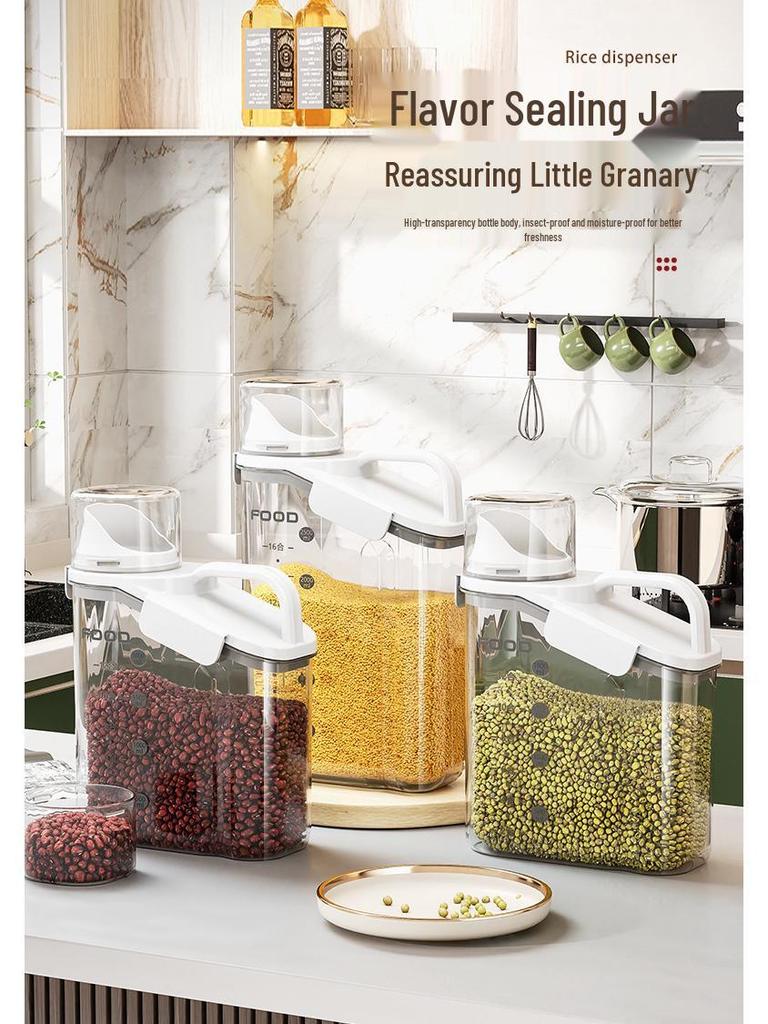 Transparent Portable Sealed Container with Measuring Cup for Grain, Cereal, Rice, Cat Food - Moisture & Insect Proof Kitchen Storage.