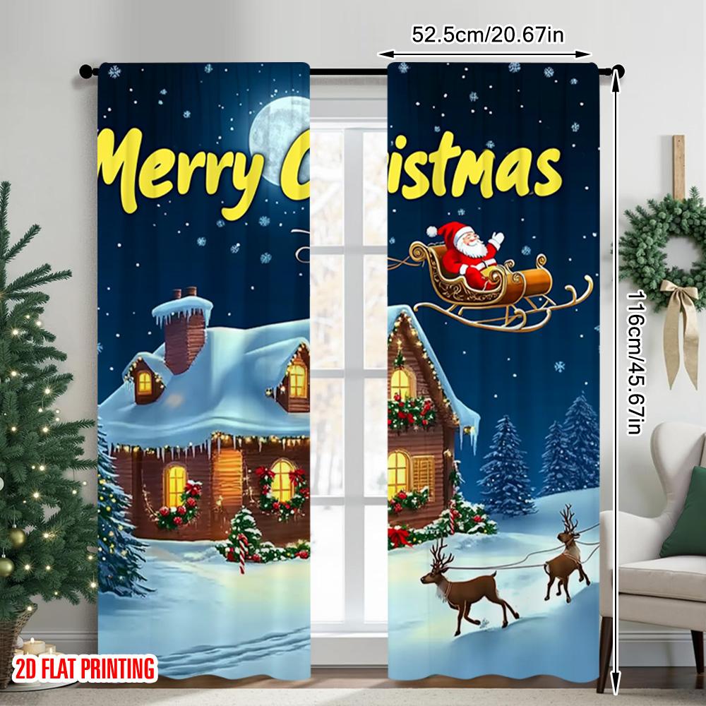 2pcs 2D Flat Printing Christmas Scene Curtain Merry Christmas Night Versatile Polyester Without Electricity Family Party