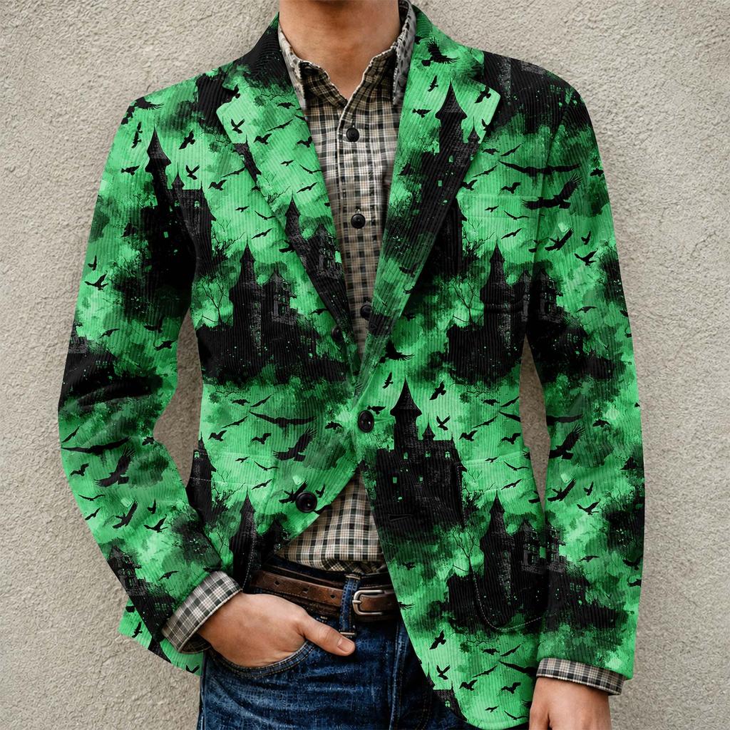 Men's Halloween Printed Corduroy Warm Pocket Blazer Jacket Casual Suit Coat Button Front Long Sleeve Outerwear