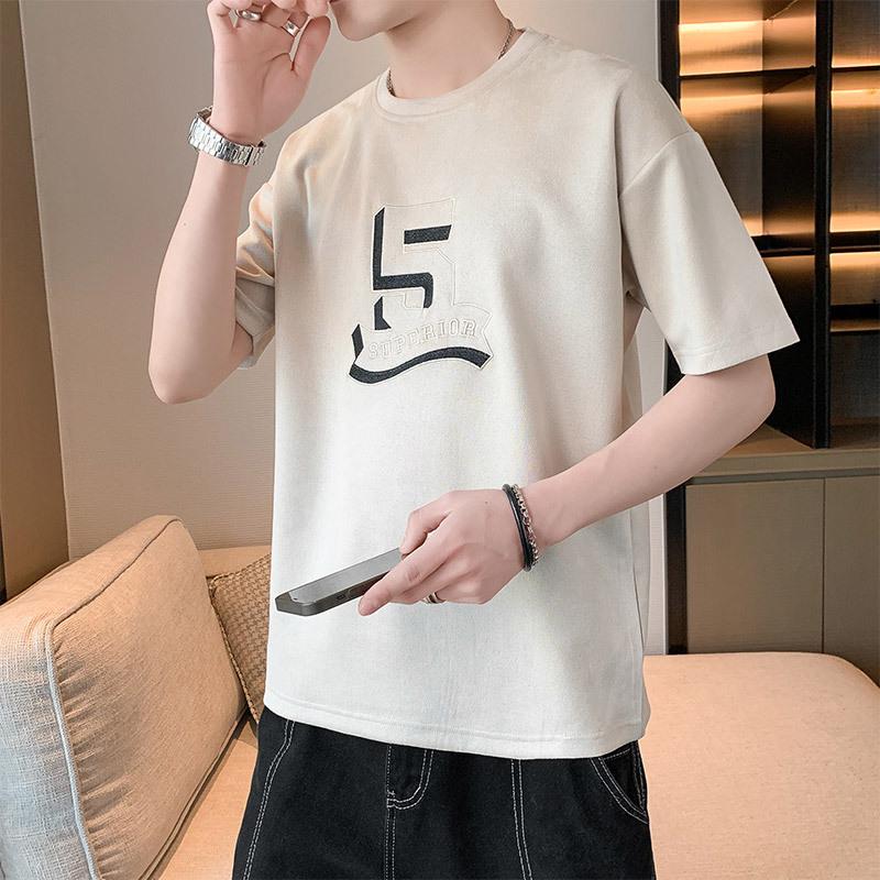 

Men s T-shirt Japanese Short Sleeve Loose Top Casual Suede T-shirt Underlay XXXXL миндальный
