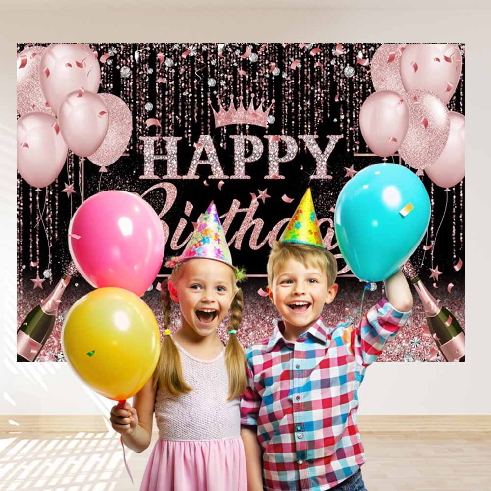 Black Pink Adult Birthday Background Banner Gold Glitter Balloon Party Decor Family Portrait Photography Backdrop Birthday Decor