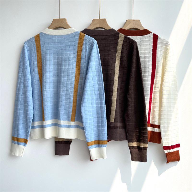 Women's H Brand Age-Reducing Wool Tencel Blend Color Block Round Neck Pullover Sweater