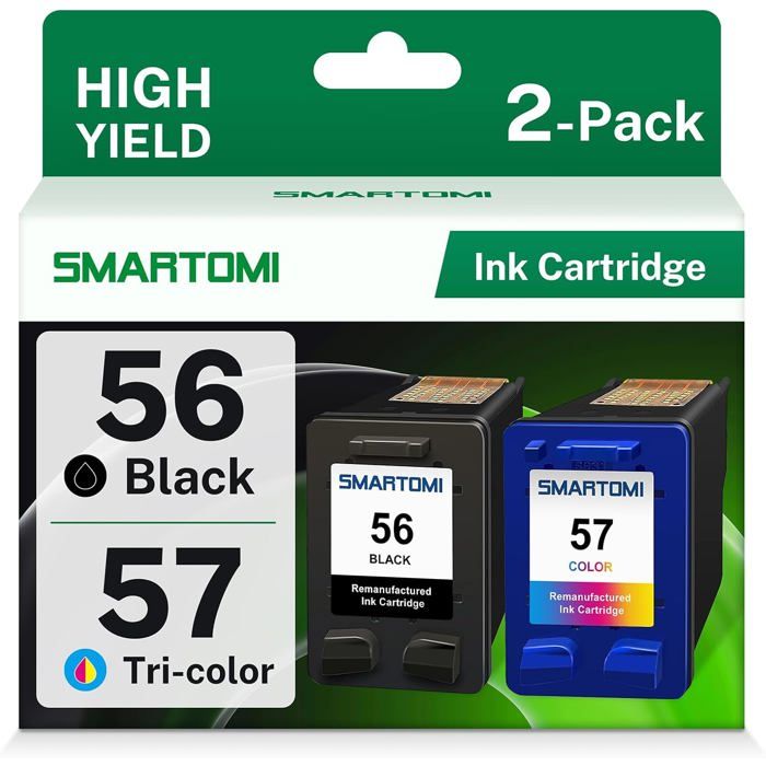 Pack 2 cartouches encre remanufacturées HP 56/57 – 1x56 Noir 19,5 ml 500 p. + 1x57 Couleur 6 ml (Compatible DeskJet/OfficeJet)