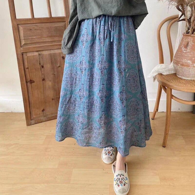 Johnature Vintage-Druck, elastische Taille, alle passenden Damen-Röcke, Herbstblau, lockere Krawattenröcke