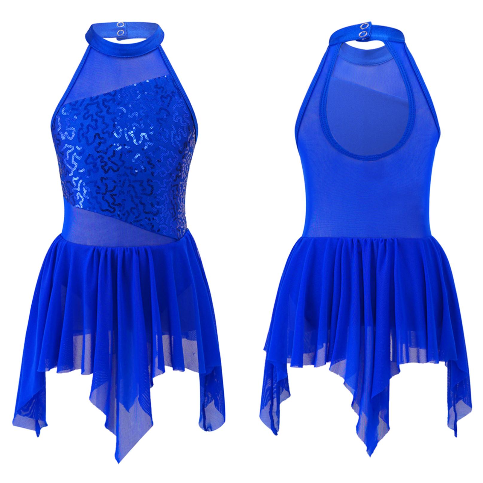 

Дитяча сукня-трико без рукавів з блискучими блискітками та асиметричним подолом для балерини, ліричного стилю для сучасних танців 9-10 Years королівський синій колір