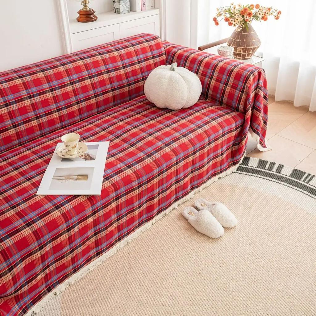 Christmas Sofa Slipcover Couch Cover Grid Living Room Pet Bed Chair Soft with Tassel Washable  Sofa Covers Cotton Throw Blanket