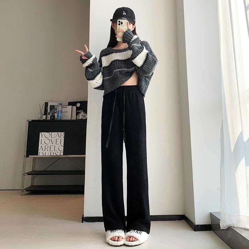! European Cotton Lint Sweatpants Women's Autumn and Winter New High-waisted and Thin Drape Casual Pants Knitted Straight Wide-leg Pants