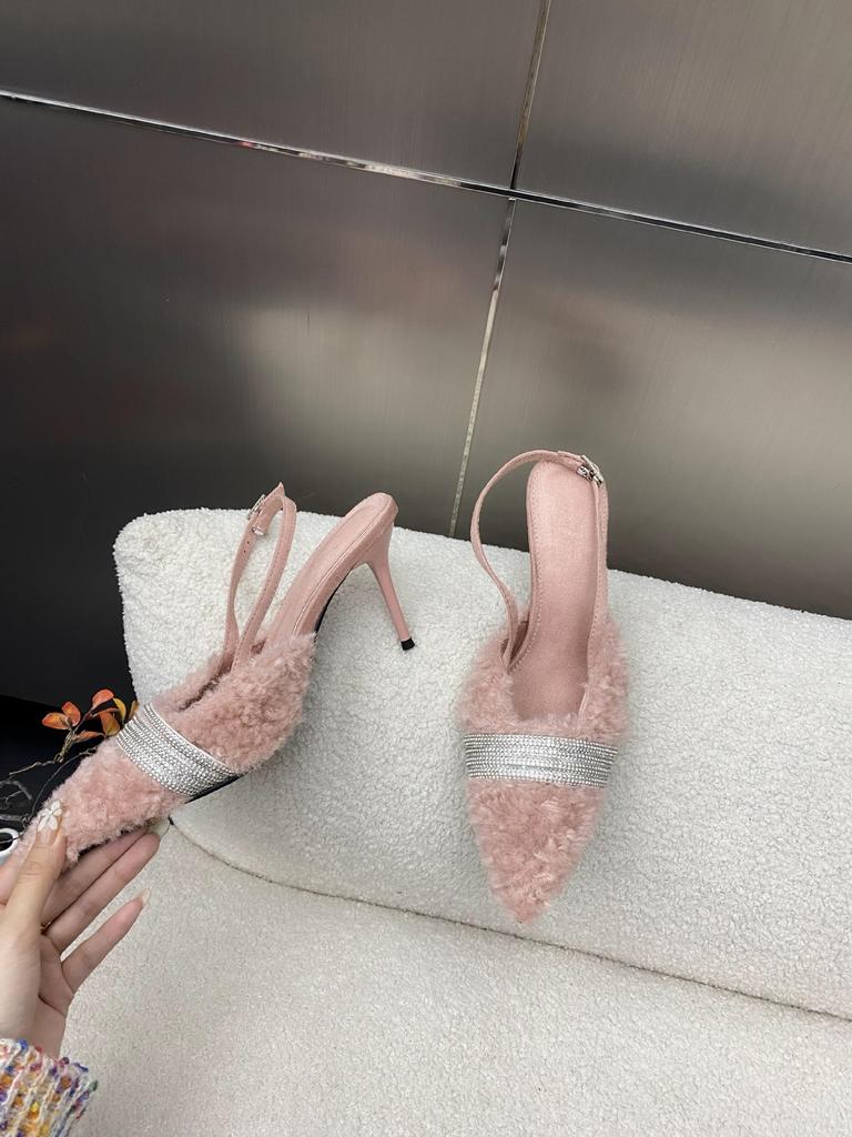 2025 Autumn and Winter New Pointed Head Thin Heel European and American Fashion Bag Head High Heel Mao Mao Shoes Empty Rhinestone Back Strap Sandals