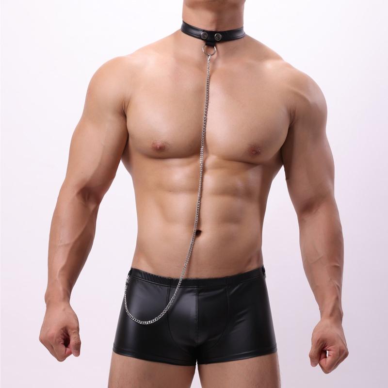 Mens Sexy Underwear Black Faux Leather Boxers Shorts Nightclub Ring Lingerie Man Panties U Convex Pouch Underpants