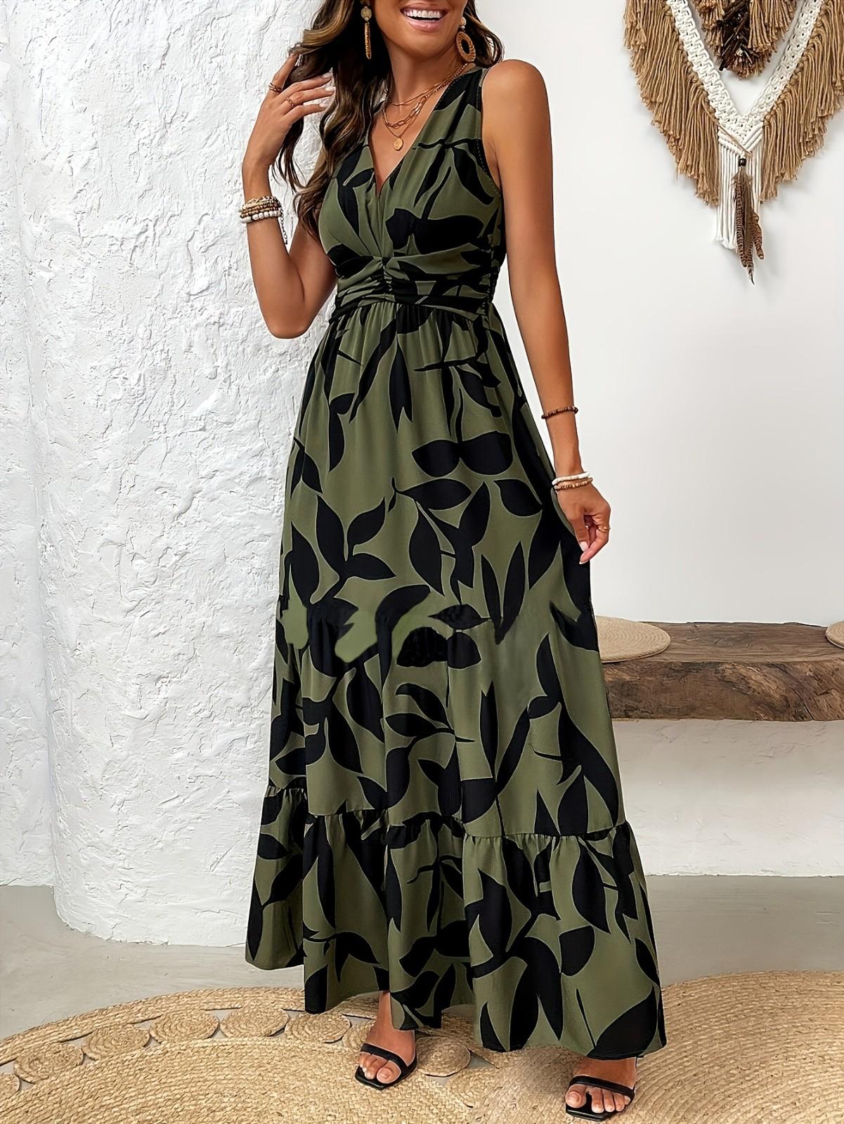 

Women s V-neck Sleeveless Floral Print Ruffle Hem Dress L