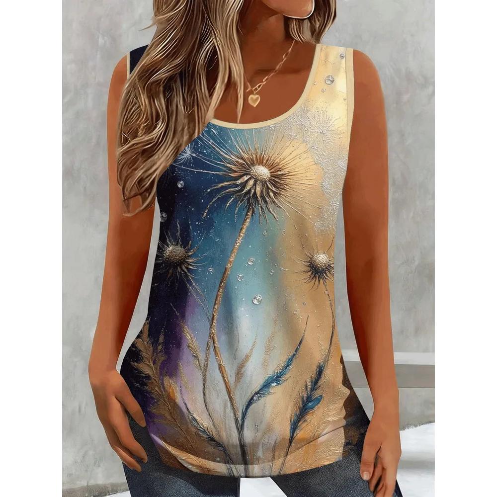 Fashion Women's Flower Printed T-Shirt Casual Loose Sleeveless Top Comfortable Camis Tank Tops