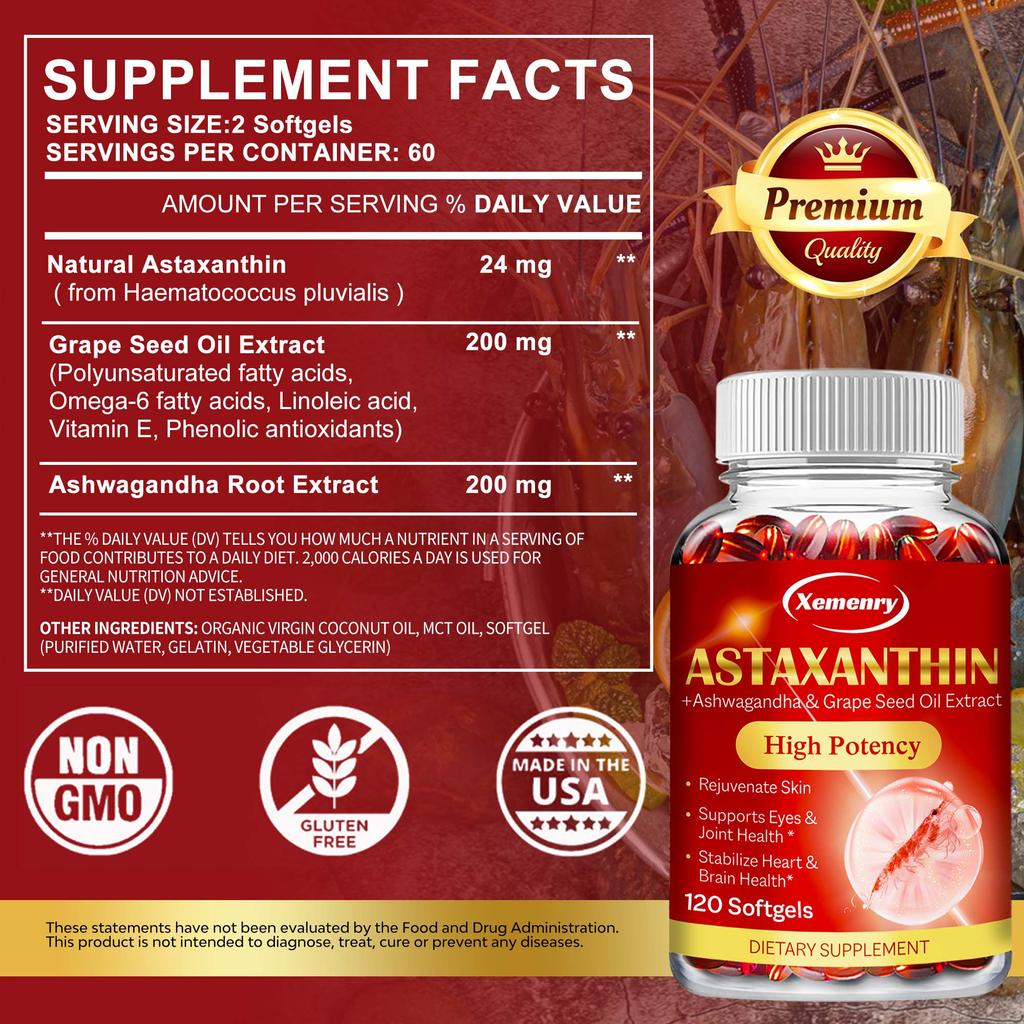 Astaxanthin 24mg Kapseln - Starkes Antioxidans - mit Ashwagandha-Wurzelextrakt
