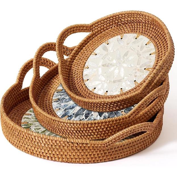 Set of 3 Round Rattan Tray Set with Mother of Pearl Inlay, Wicker Tray, Storage and Display of Coffee Bread Food Fruit, Table Decor, Home Decor