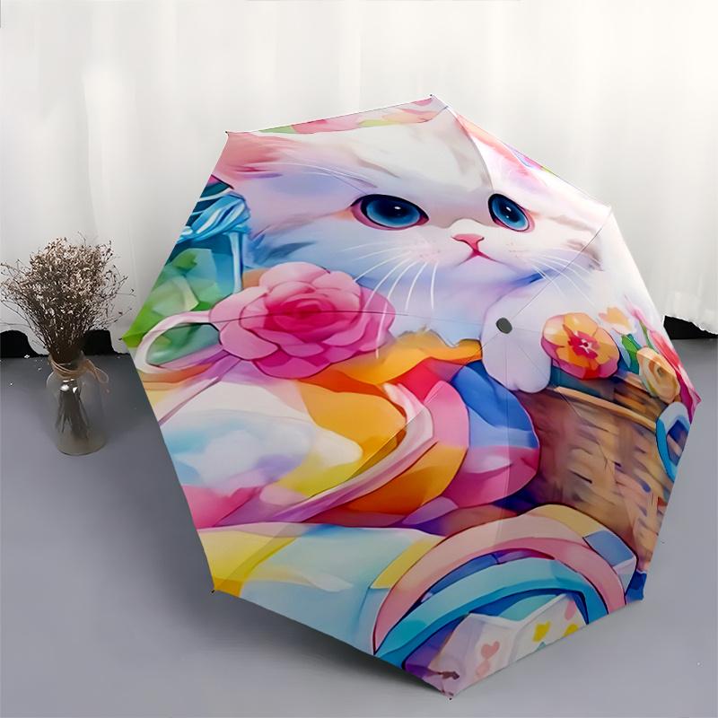 1pc Floral Basket with Cute Cat Automatic Opening Folding Umbrella, Portable Design, 8-Bone Iron Frame, Outdoor, Perfect Gift for Fans, Travelers
