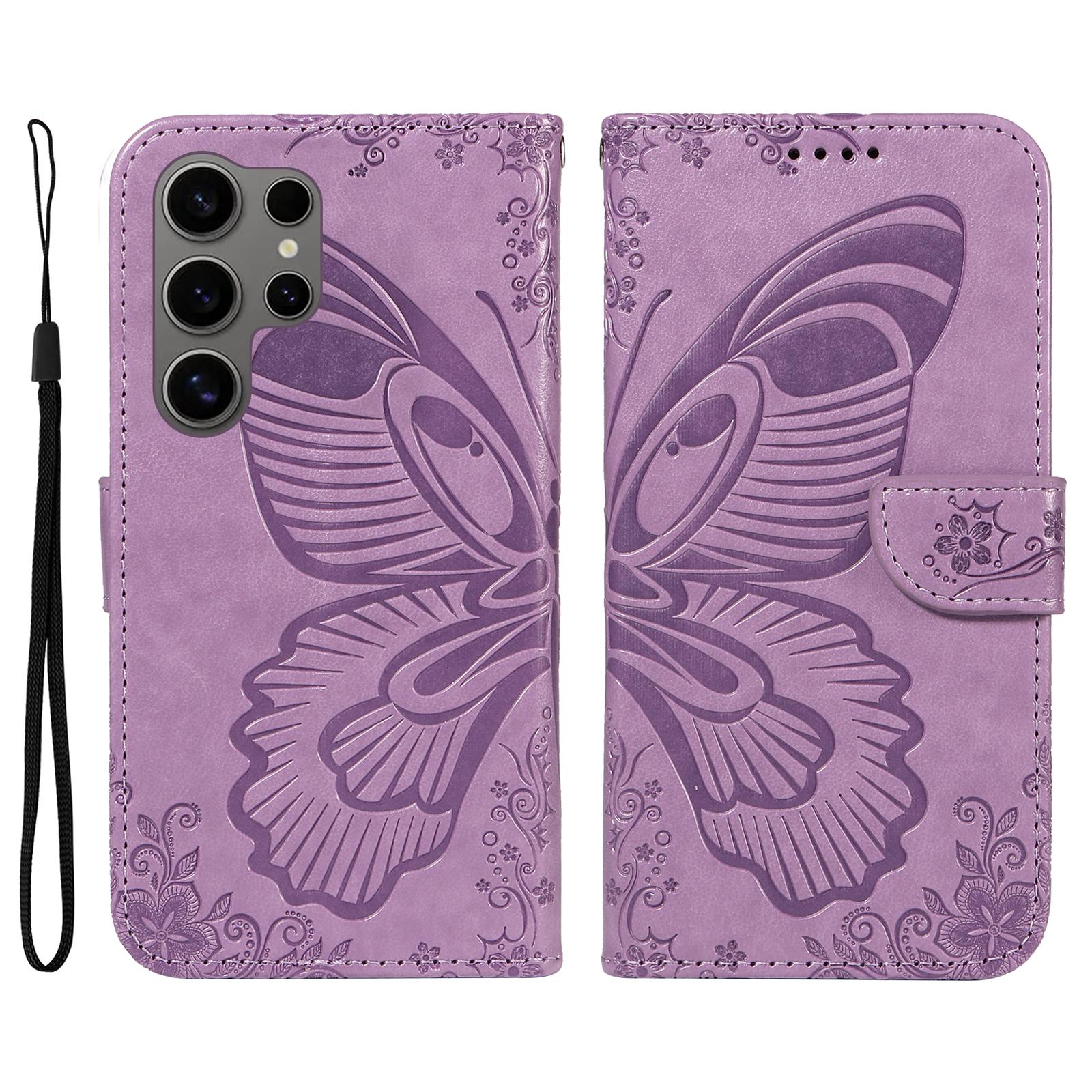 

For Samsung Galaxy S25 Ultra Case Butterfly Pattern Leather Wallet Flip Phone Cover Light Purple