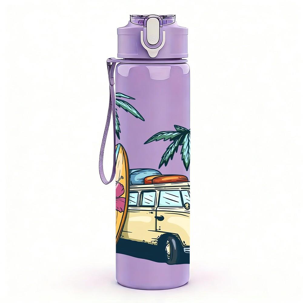 1PC Surf Van Palm Tree Ocean Retro Beach Art 750ml Color Plastic Sports Water Bottle Leakproof Flip Straw Lid Suitable for Sports Office Home Use