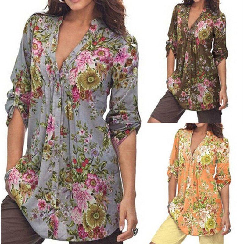 Women Tops Shirt Vintage Floral Print V Neck Tunic Tops Blouse Clothing Gift