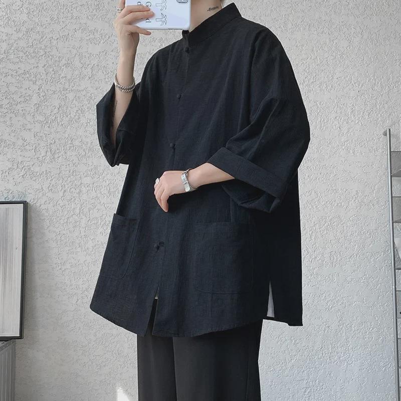 Чоловіча сорочка в японському стилі, ретро, з бавовни та льону, літні рукави з п'ятьма точками, великі розміри, китайський національний тренд