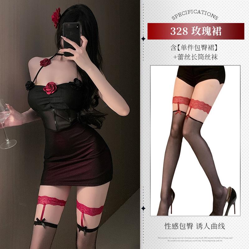 Xianyi Erotic Underwear Pure Flirting Abstinence Pajamas Three-dimensional Flower Sexy Perspective Hip Skirt Set 328