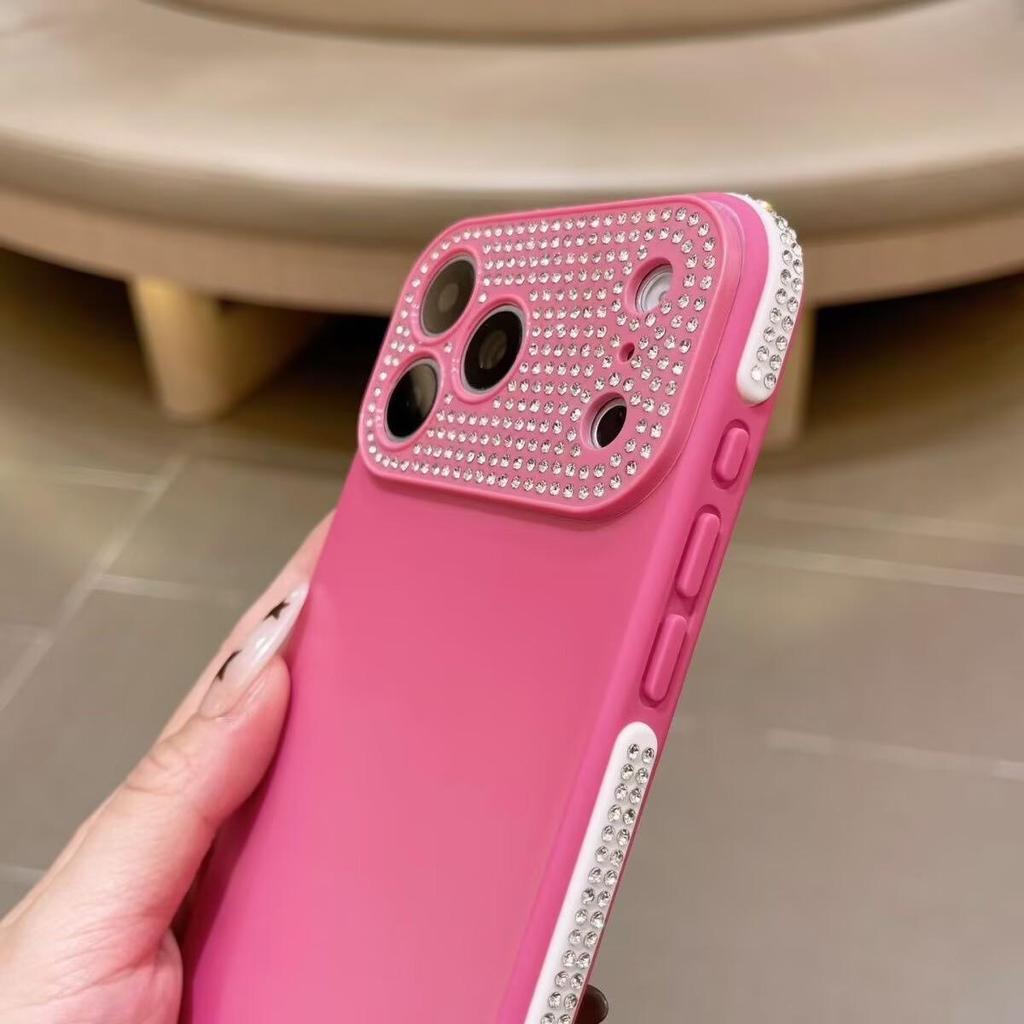 Compatible Apple 17 Pro Solid Color Rhinestone Lens Case for iPhone 16, Anti-fall Protective, Special Side Rhinestones.