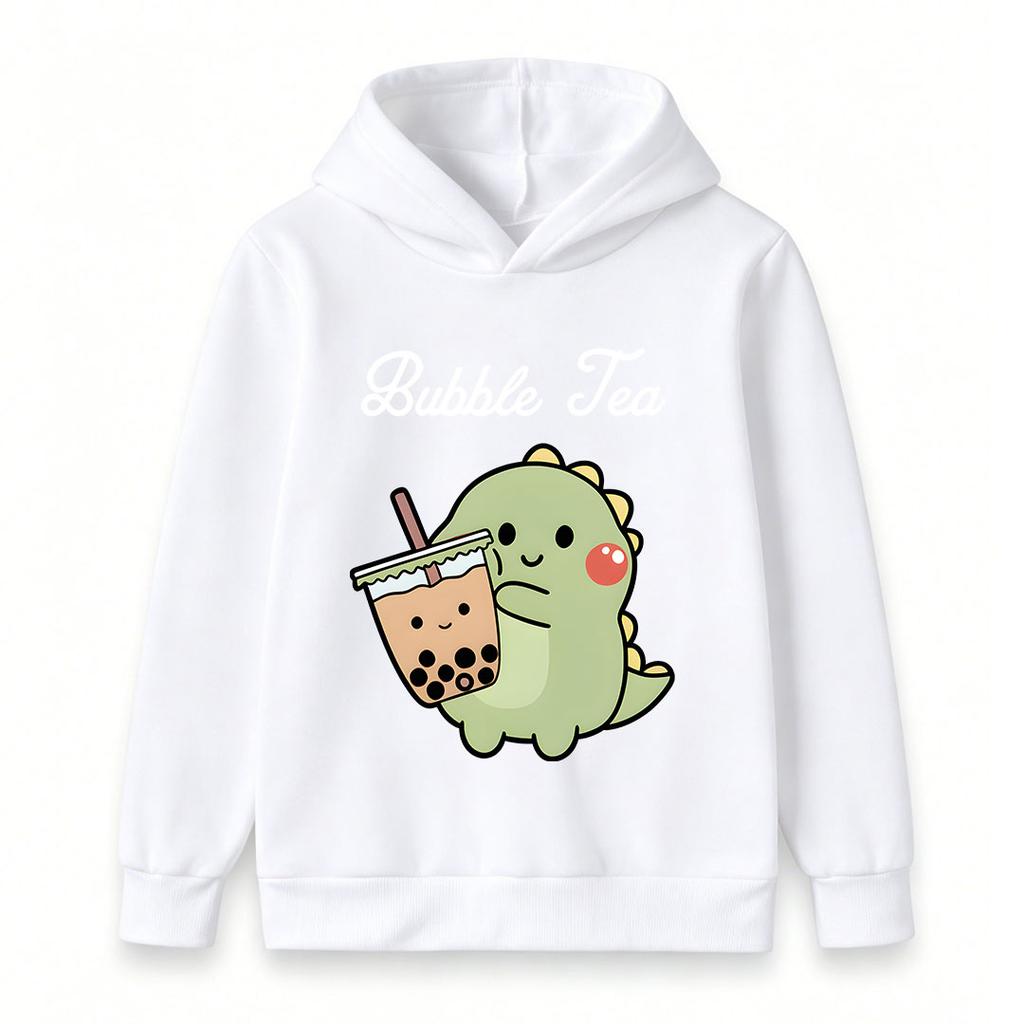 Kids Boys Girls Cute Dinosaur Bubble Tea Printed Pullover Hoodie, Soft Casual Long Sleeve Hooded Sweatshirt for Little Children Daily Wear