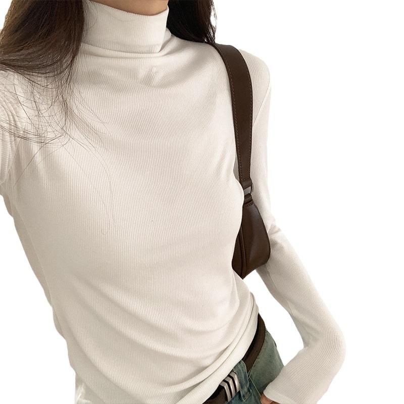 Geripptes Halbrollkragen-Unterhemd für Damen, Frühherbst Neu, Langarm-T-Shirt, Elastisch, Figurbetont, Weich, Wachsartig, Innentop