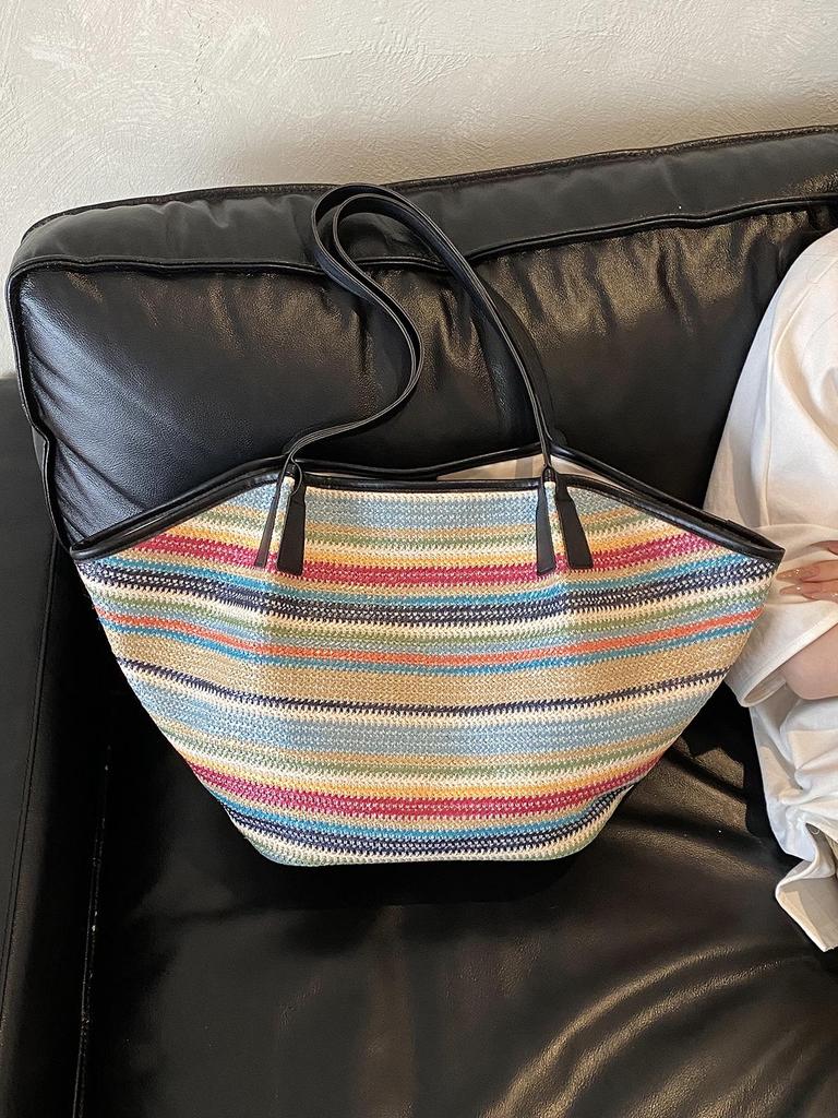 Women's Large Straw Woven Striped Tote - Single Shoulder Crossbody Bag, Casual Travel Handheld Shell Shape