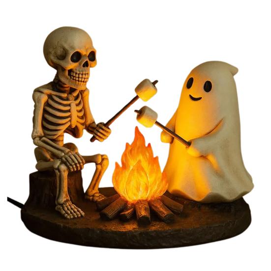 Skeleton Ghost Bonfire Night Lamp Halloween Roasting Marshmallow Ghost Statue Fake Campfire Lamp Home Bedroom Decoration