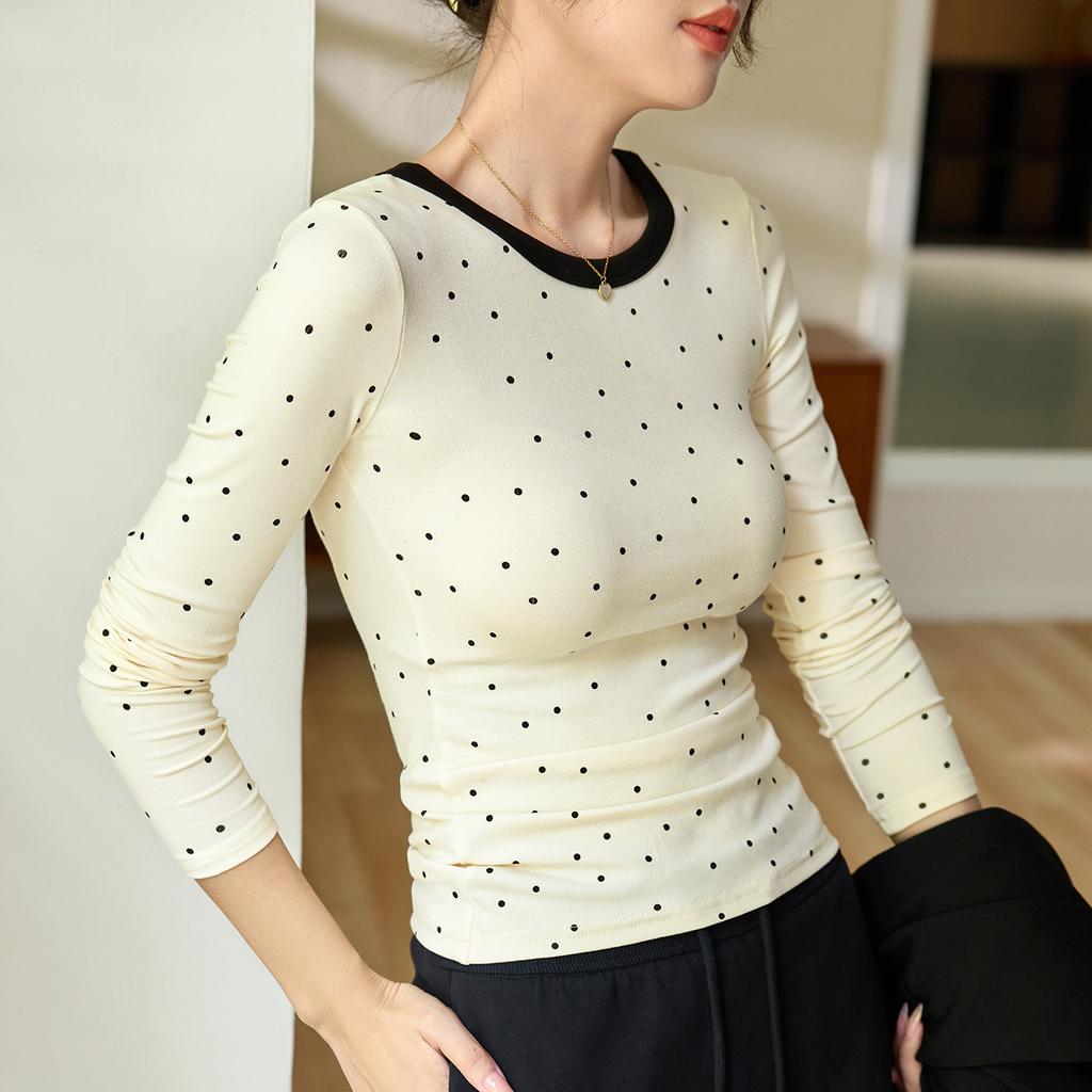 Age-reducing Playful Polka Dot T-shirt for Women Long-sleeved Autumn Clothes Contrasting Slim Base Shirt