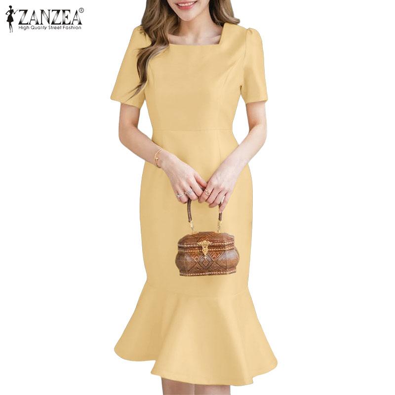 ZANZEA Vestido Casual de Mujer con Cuello Cuadrado, Manga Corta, Cola de Pez y Corte Slim