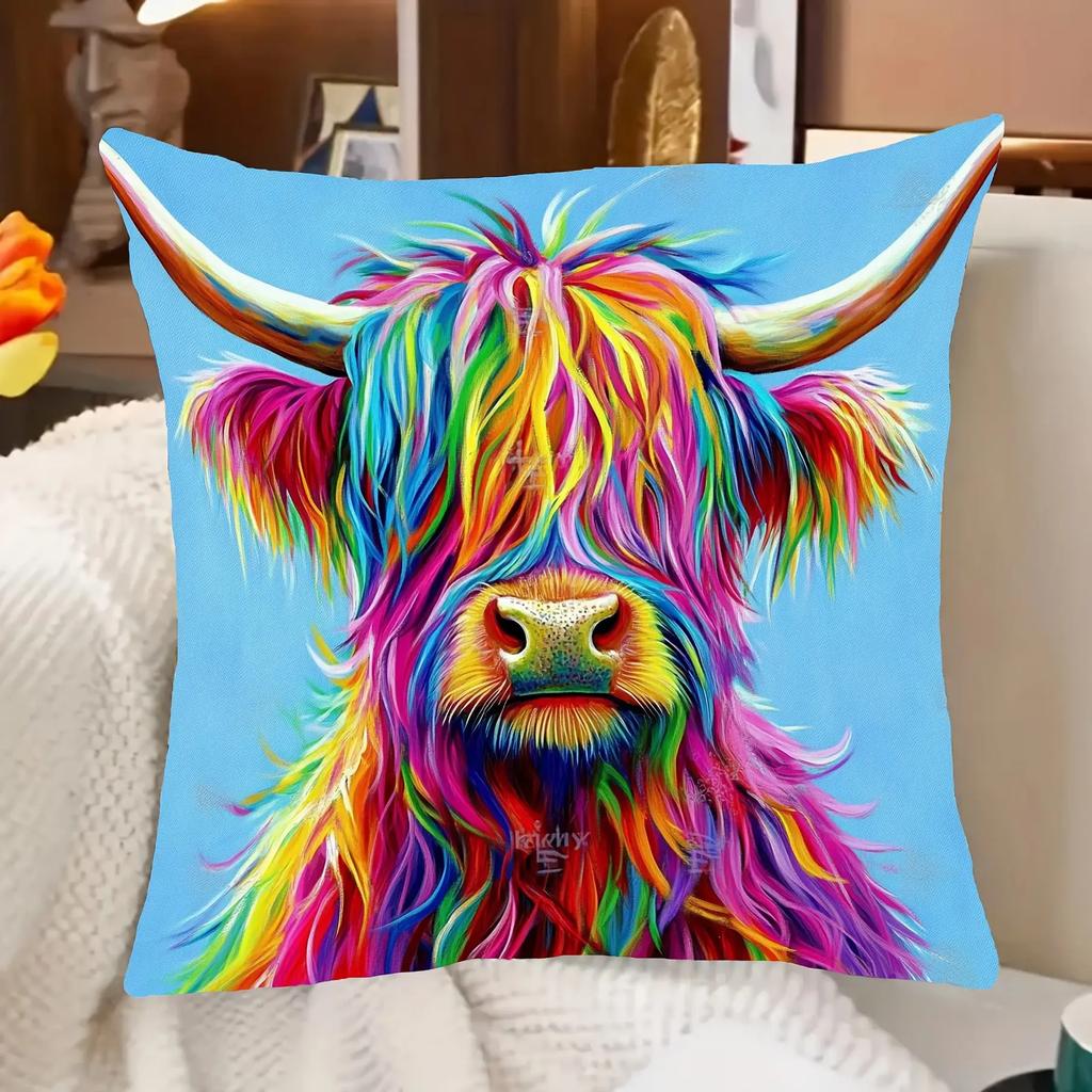 1pc Modern Highland Cow Design Zippered Pillow Cover, Single-Sided, Perfect for Home, Office, Living Room, and Car Decor, Ideal Housewarming and Holid