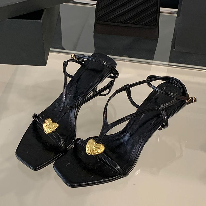 

Summer Fashion Metal Buckle Decoration Narrow Band Gladiator Sandals Women Square Toe Low Thin Heels Party Dress Shoes 35 чорний
