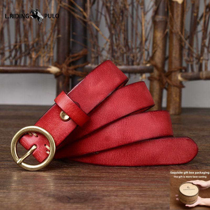 

Модный ремень из натуральной кожи с медной пряжкой для джинсов, из натуральной коровьей кожи, с круглой пряжкой, женский ремень 115cm красный