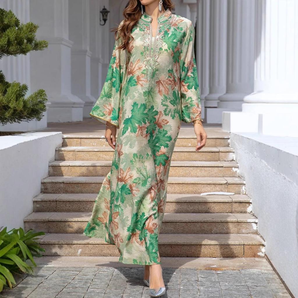 Europe, America, Autumn Robe Dress Flower Print Long Sleeve Dress Robe