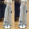 High-Waisted Straight Leg Denim Pants With Embroidered Butterfly Distressed Wash Loose Fit Streetwear Style