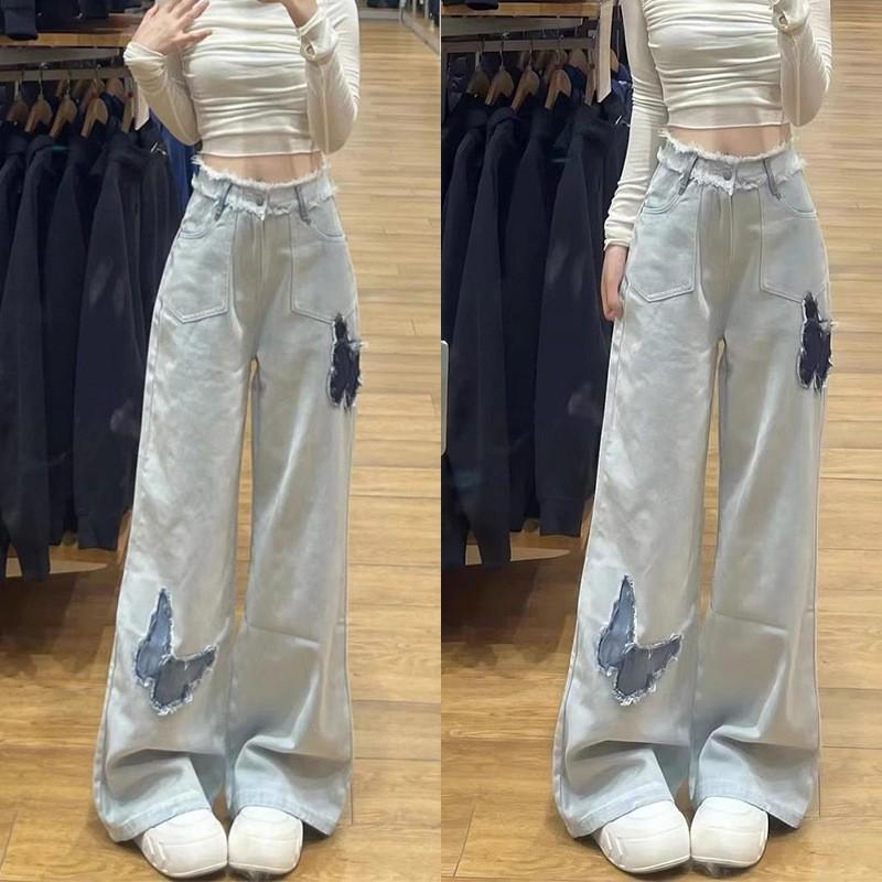 High-Waisted Straight Leg Denim Pants With Embroidered Butterfly Distressed Wash Loose Fit Streetwear Style