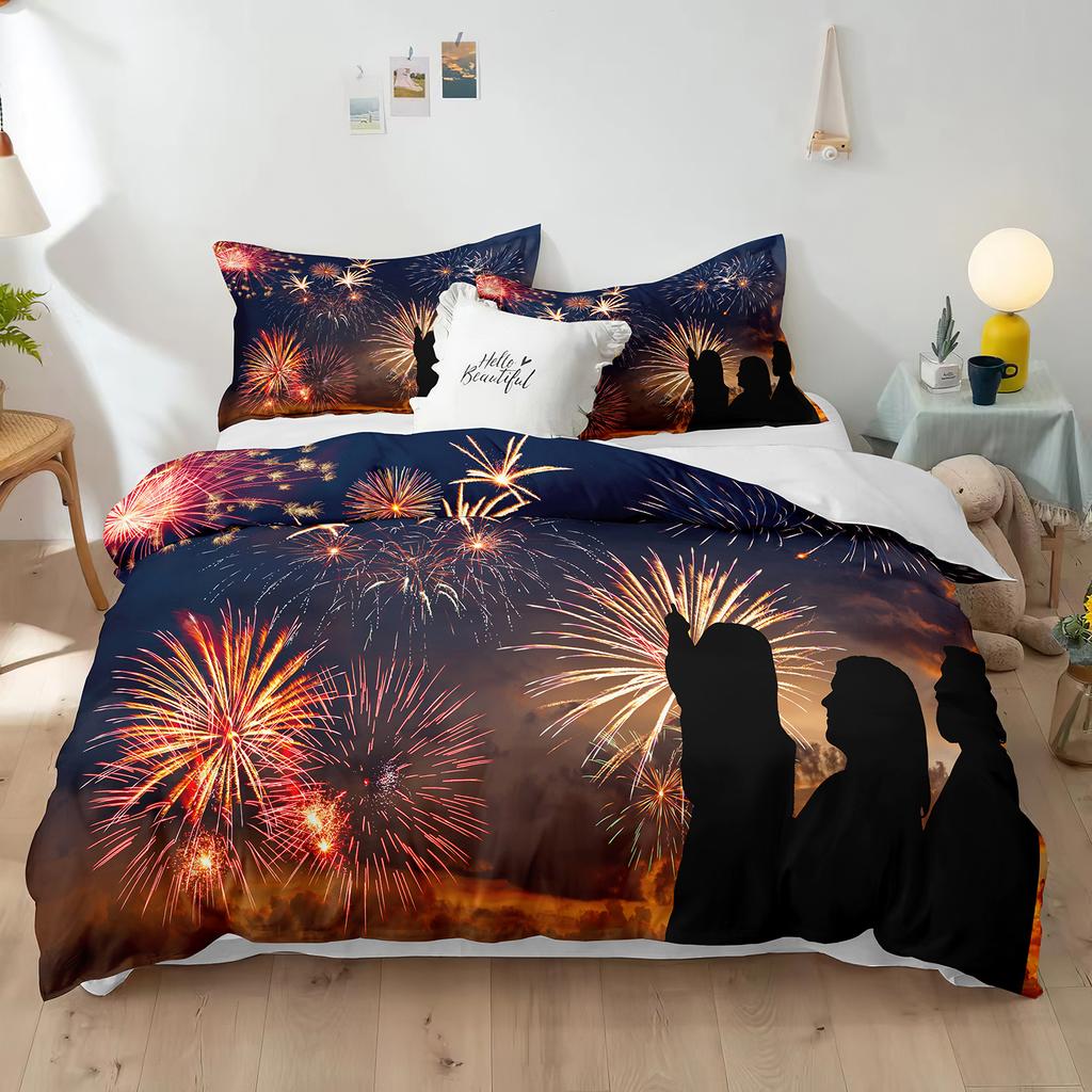 Blue Fireworks Duvet Cover Set 3D Romantic Theme Beautiful City Night New Year Festival Accessories for Kids Teens Bedroom Decor