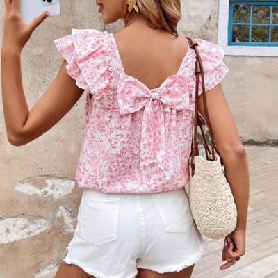 Women's Printed Summer Fashion Short-sleeved Shirt with Double-layered Pleated Bow On The Back