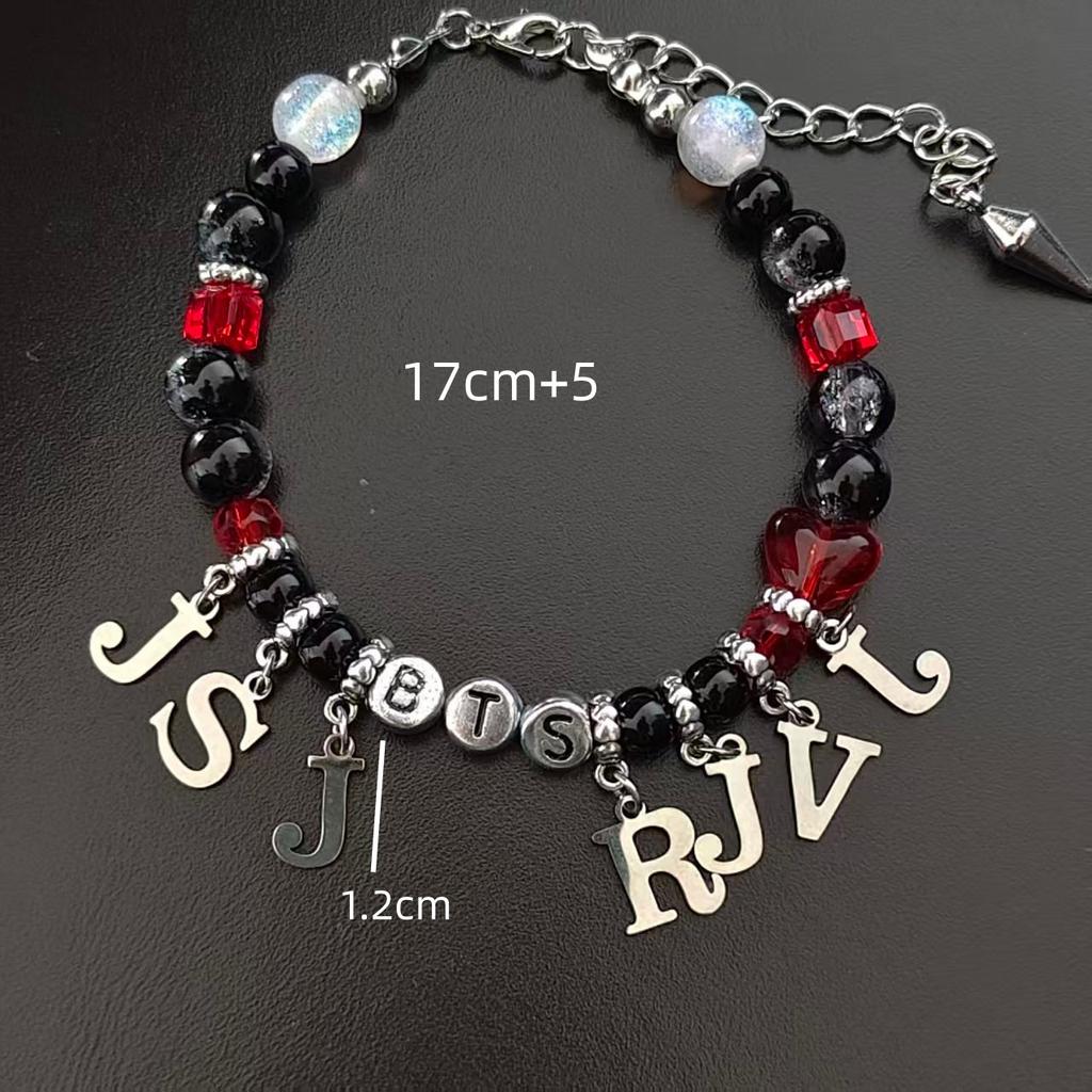 BTS ARMY Beaded Bracelet: K-Pop Bangtan Boys Inspired Jewelry with Member Initial Charms, Black Onyx & Red Crystal Beads, Adjustable Fan Gift