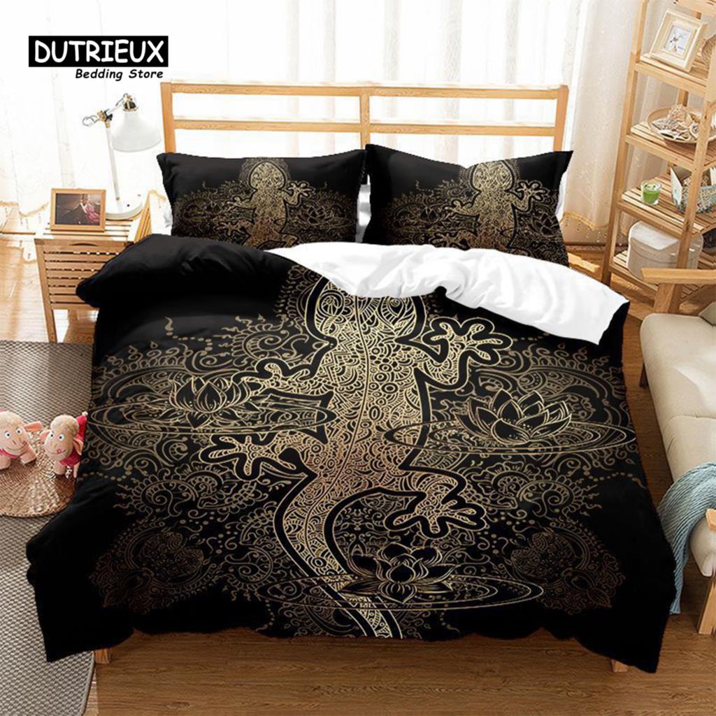 Comforter 3D Animal Totem Theme Black Bedding Set Tortoise Fish Gecko Phoenix Print For Kids Adults Room Decor