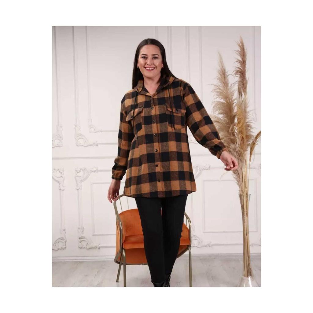 Large Size Cotton Lycra Hooded Shirt With Elastic Sleeves Buttons And Pockets Loose Cut Long Plaid Lumberjack Shirt