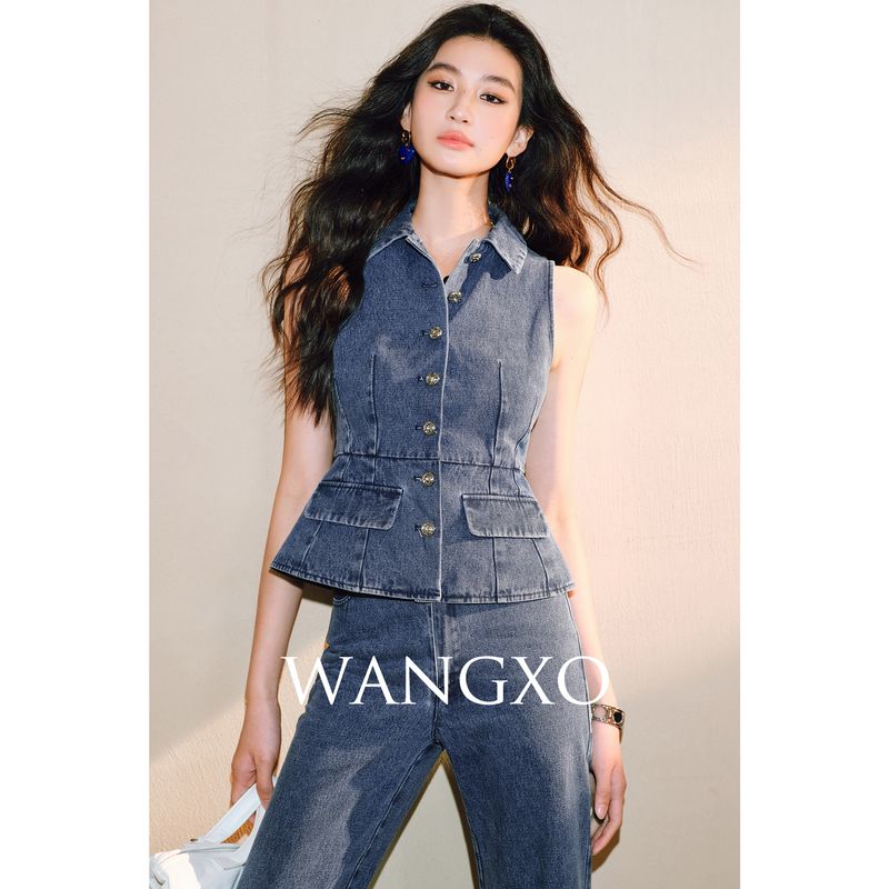 

Wangxo | Heavy Weight High Cotton Twill Denim | Lapel and Waist Tight Vest & Bootcut Trousers Retro Denim Suit Denim Blue Tops S