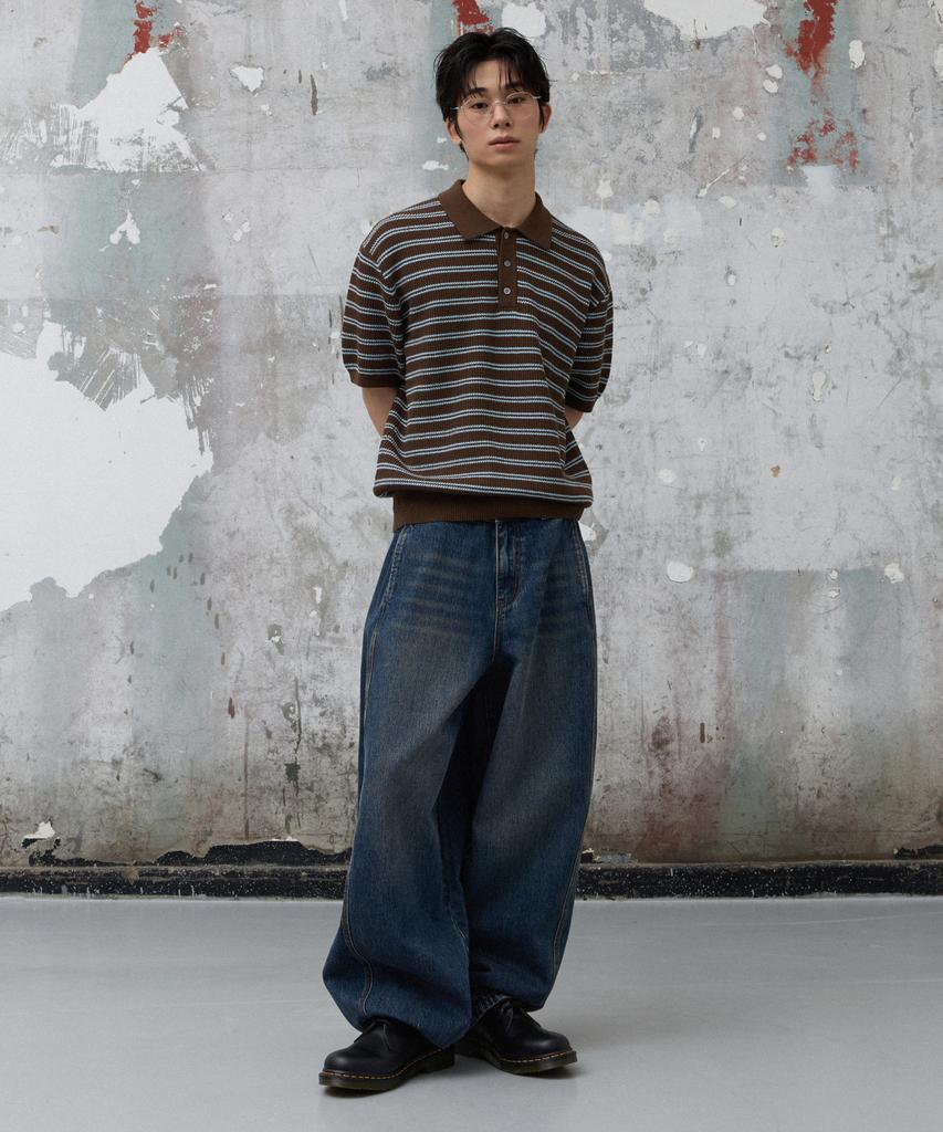 Age O.D. Collar Button Stripe Half Knit [Brown]