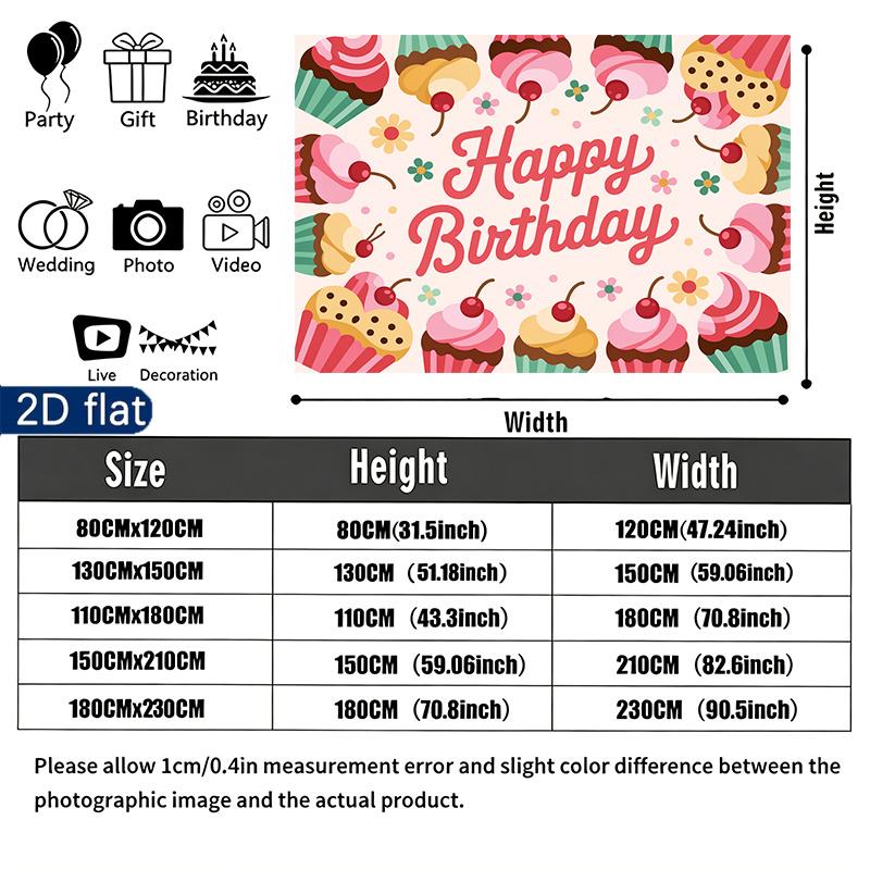 Birthday Party Cupcake Gifts Banner, Multicolor Polyester Backdrop for Wall Hanging Decor