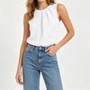Women Sleeveless Pleated Crew Neck Loose Fit Blouse Solid Basic Casual Top for Daily Office Wear