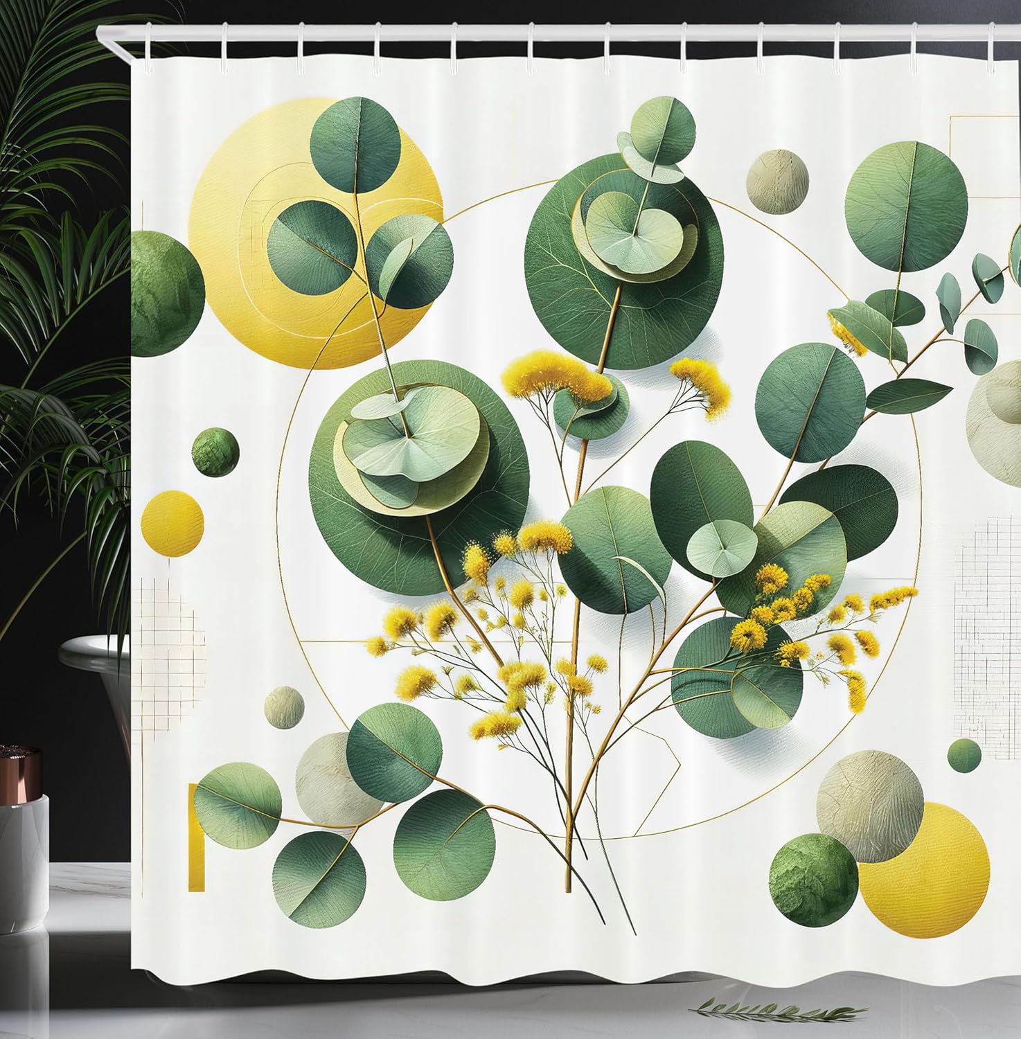 Modern Geometric Floral Waterproof Shower Curtain -Bold Abstract Shapes &Vibrant Flowers for Stylish,Contemporary Bathroom Decor W90XH180cm