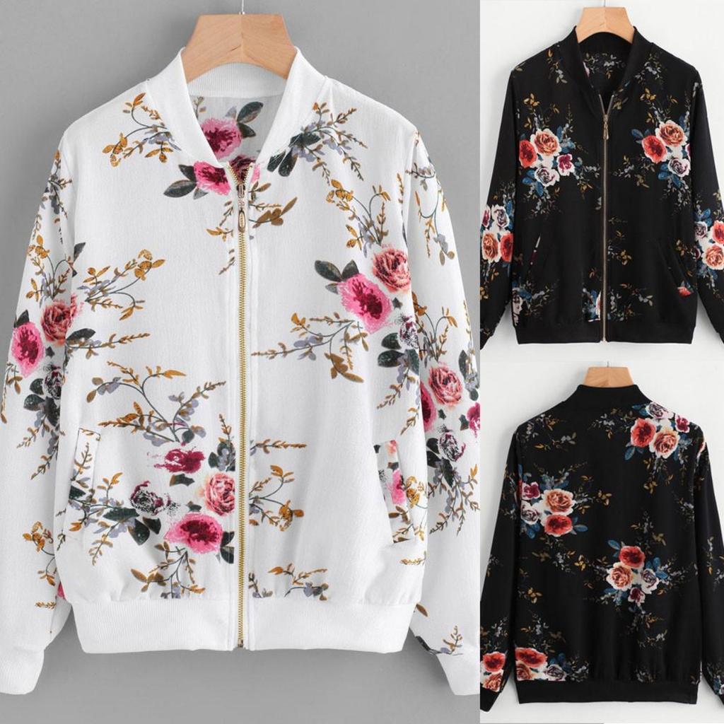 Damen Bomberjacke mit Retro-Blumendruck und Reißverschluss, lässiger Mantel